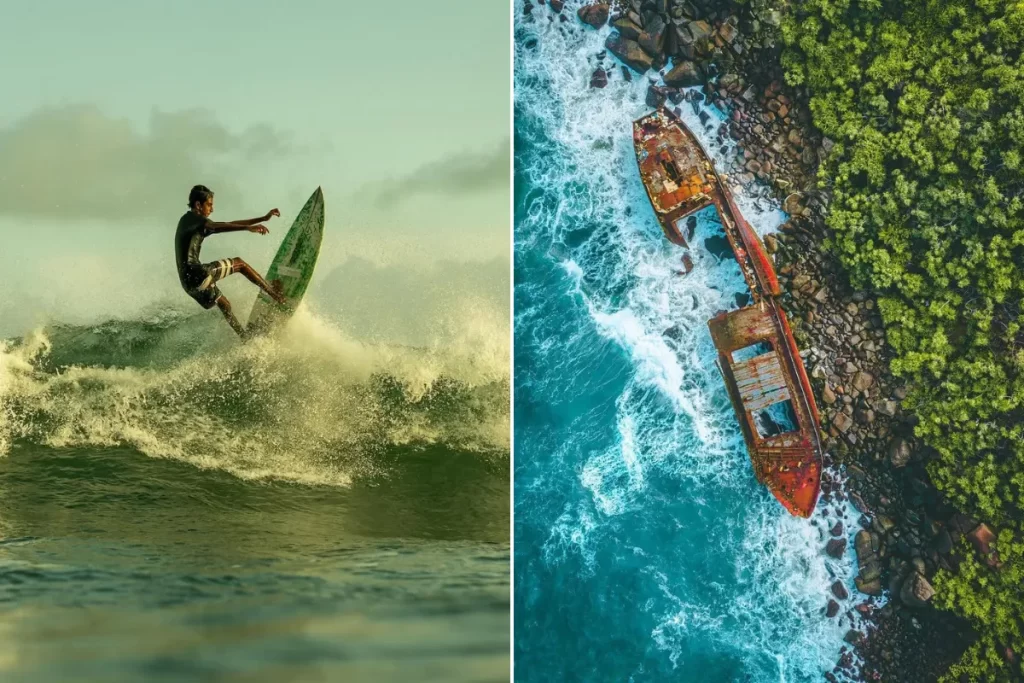 surfer and shipwreck near unawatuna