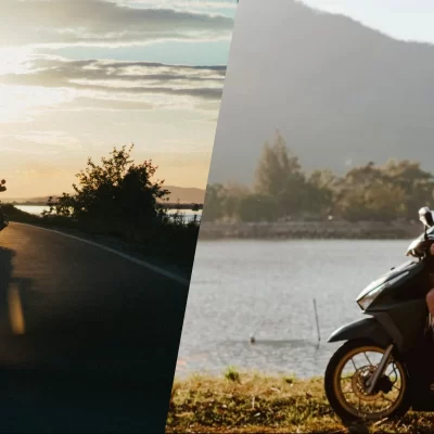 Tourist riding motor bike at evening and tourist couple riding scooter in sri lanka
