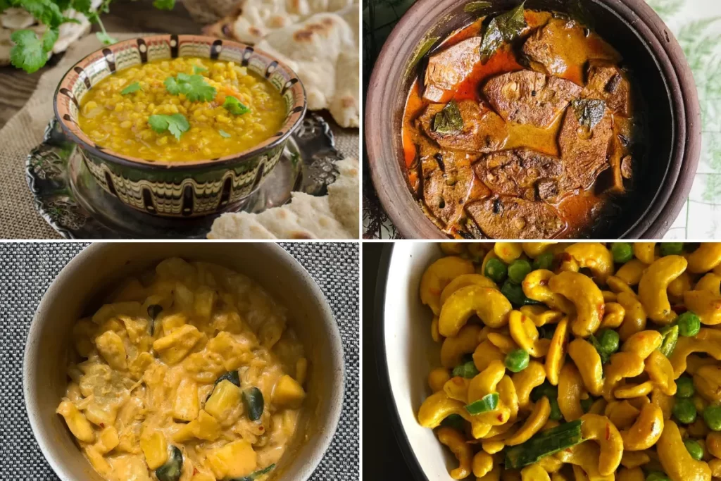 Dhal Curry, Polos Curry (Young Jackfruit) , Kiri Kos (Jackfruit) Curry and Cashew Curry