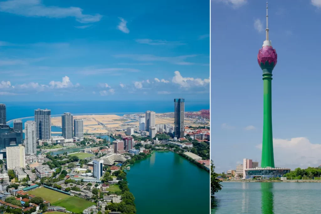 Lotus Tower and Colombo port city aerial view